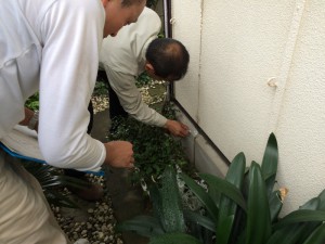 基礎の全周をチェックします。気になる箇所は、印をつけていきます