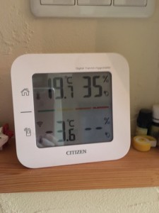 室温１９．７℃　湿度３５％ 外気ー３．６℃
